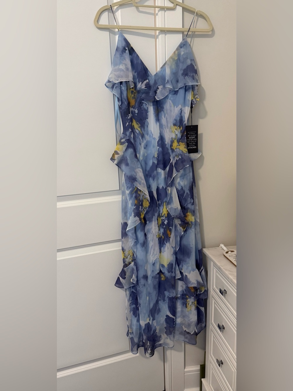 White House Black Market Blue Watercolor Ruffle Maxi Dress